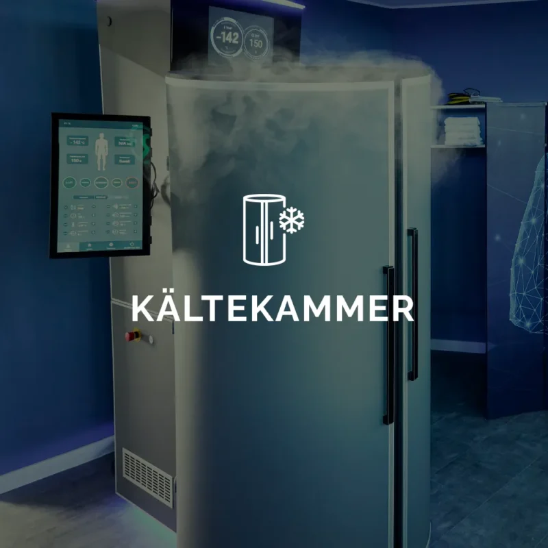 Eine moderne Kältekammer mit geschlossener Glastür, aus der kalter Nebel entweicht, steht in einem blau beleuchteten Raum; links ist ein digitales Bedienpanel mit Temperaturanzeige zu sehen. Über dem Bild befindet sich der Schriftzug „KÄLTEKAMMER“ mit einem stilisierten Schneeflocken-Symbol.