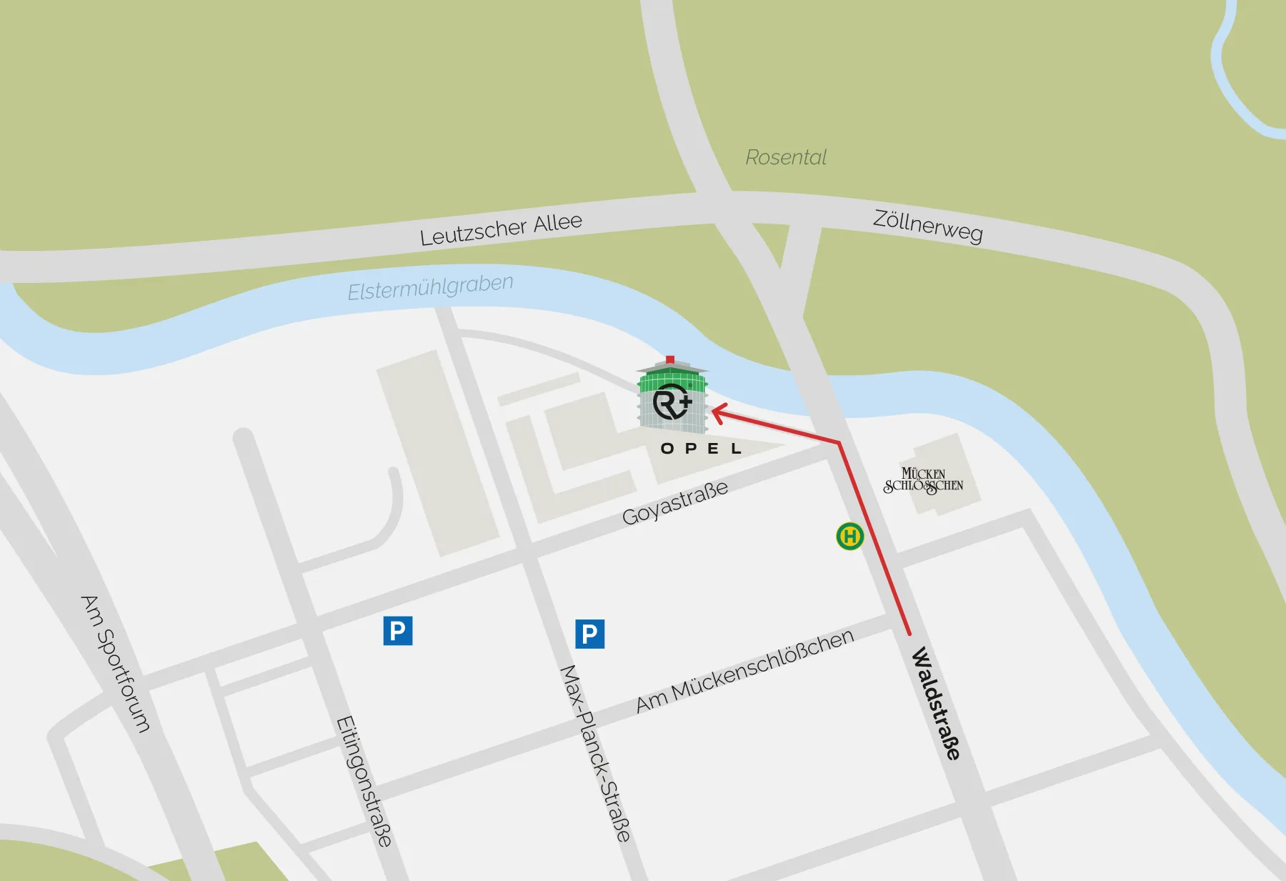 Anfahrtsskizze zur Goyastraße 2a in Leipzig: Tram 4 bis Am Mückenschlösschen, Parkdeck über die Max-Planck-Straße