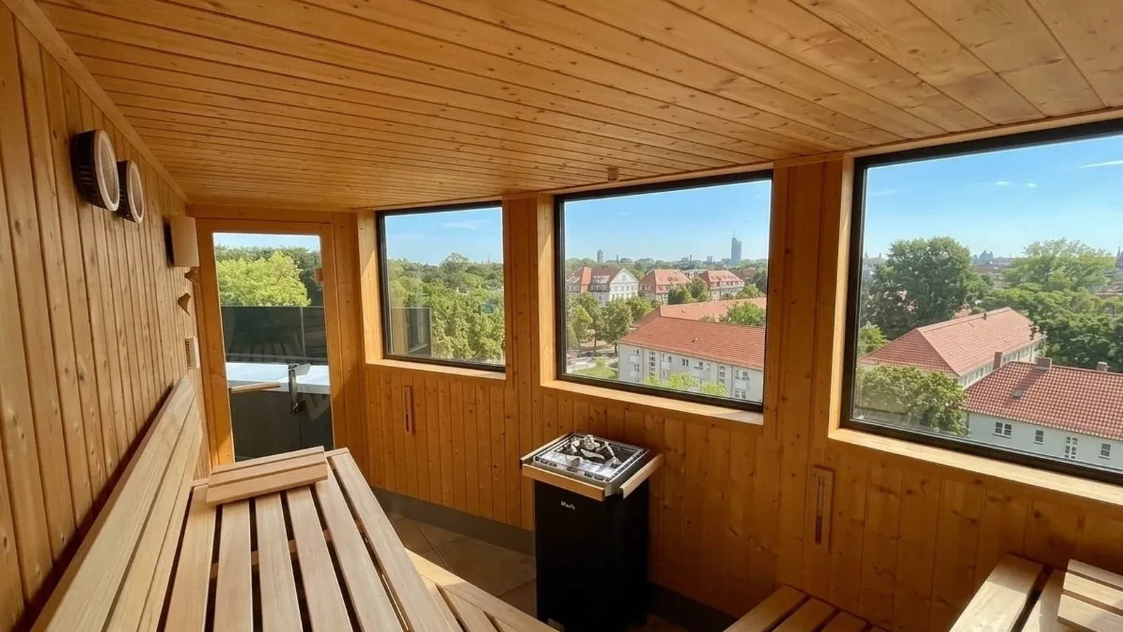 Private Sauna mit Blick über Leipzig auf der SKYLINE-Etage von RELAX plus