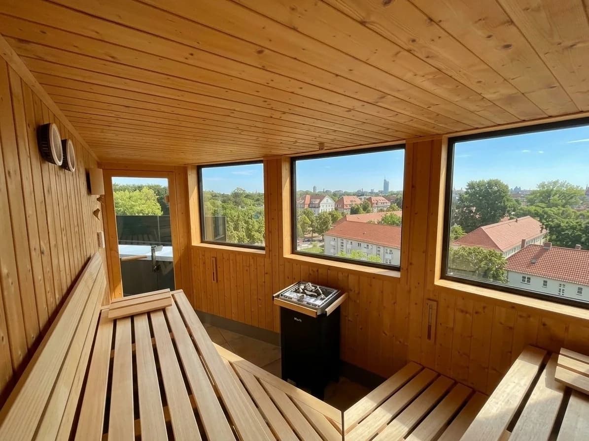 Sauna im Winter in Leipzig: Outdoor-Sauna der SKYLINE-Etage von RELAX plus mit Fenstern zur Stadt