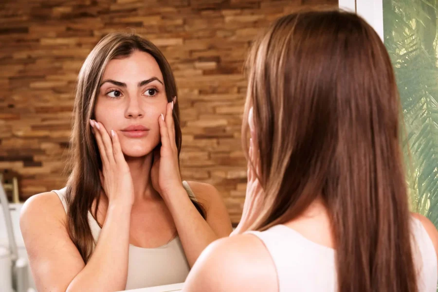 Frau nach Kosmetikbehandlung bei Relax Plus schaut sich zufrieden im Spiegel an