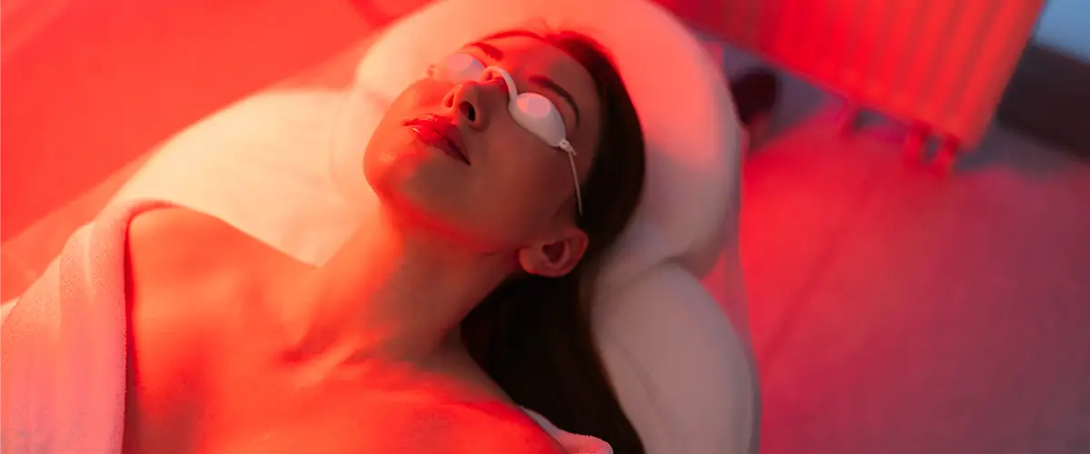 Frau liegt entspannt mit Schutzbrille unter rotem Licht in einer Wellness- oder Hautbehandlungsumgebung.